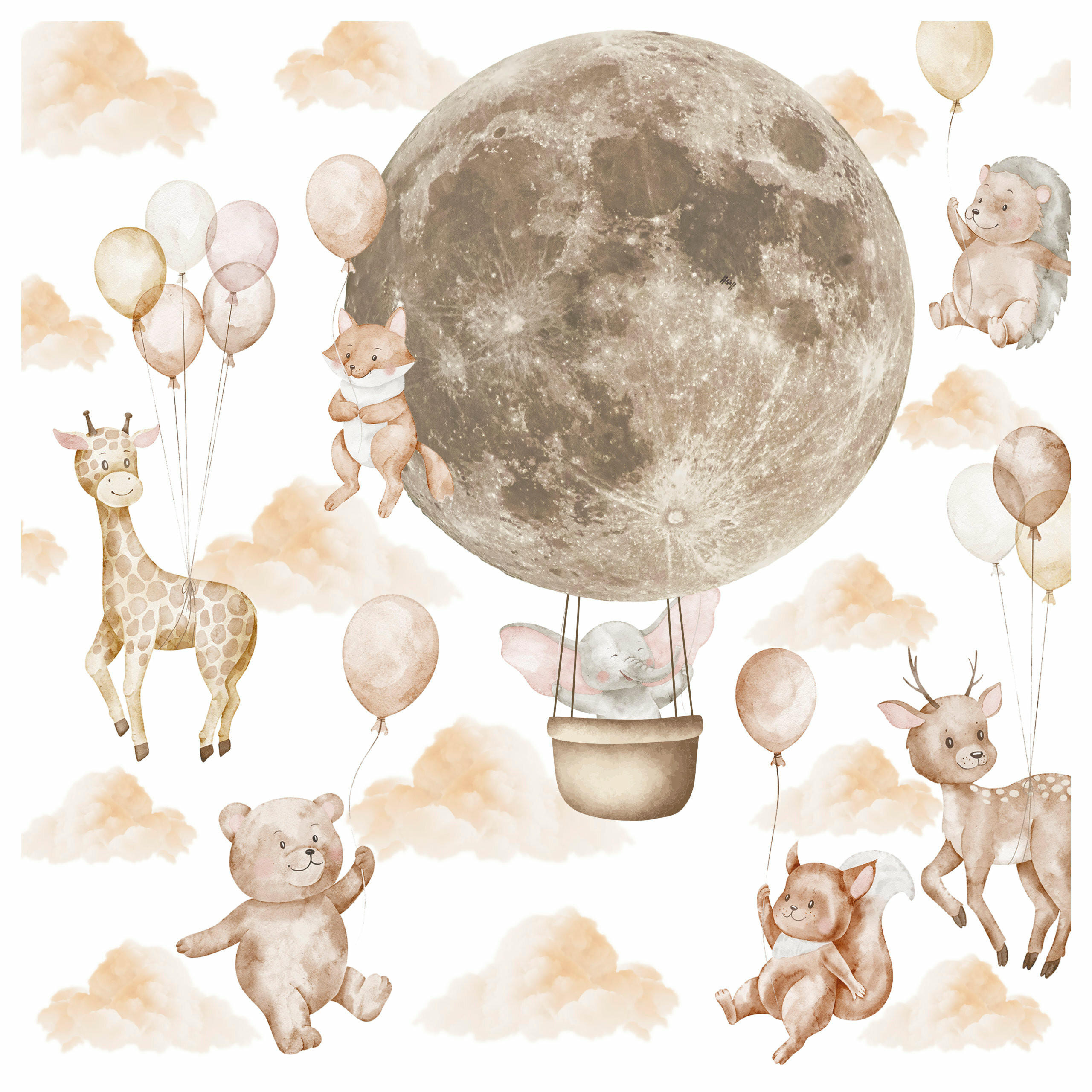 WANDSTICKER SET Tiere Ballons und Wolken 120x60 - Beige/Orange, Papier (120/60/60cm) - Muralo