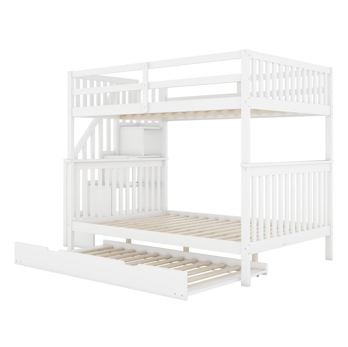 ETAGENBETT aus Kiefer und MDF 140x200 cm Weiß mit Treppenregal, ausziehbarem Rollbett und hohem Geländer - Weiß, Holzwerkstoff (140/200cm) - Modfu