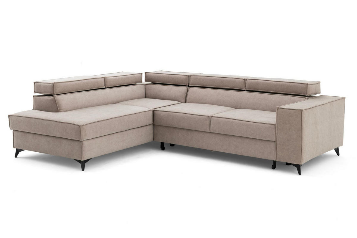 ECKSOFA PURE L Links mit Schlaffunktion 127x199 Velours Creme - Creme/Schwarz, Holz/Textil (281/204cm) - Muffo