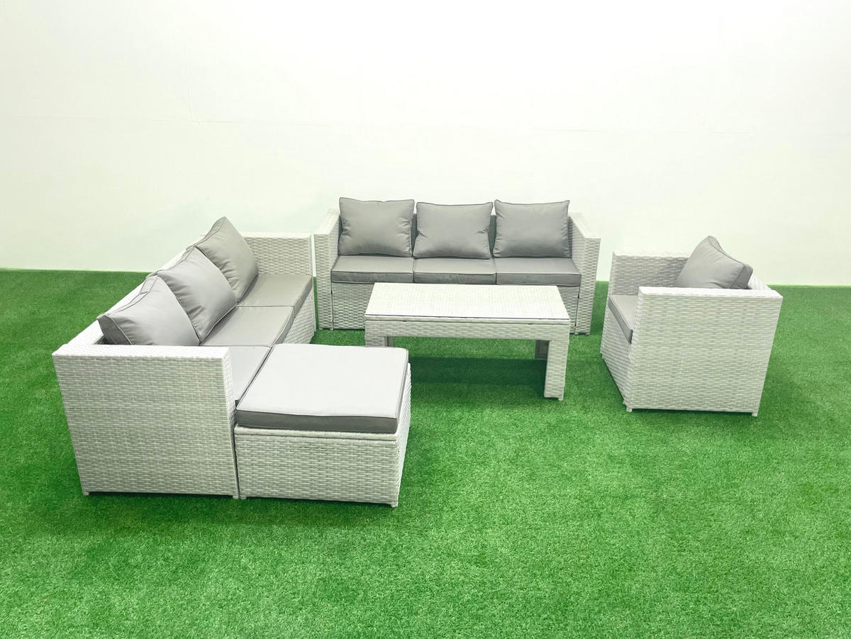 GARTENSOFA hohe Rückenlehne Polyrattan Hellgrau-Mix 8-Sitzer - Hellgrau/Grau, Glas/Kunststoff - Fimous