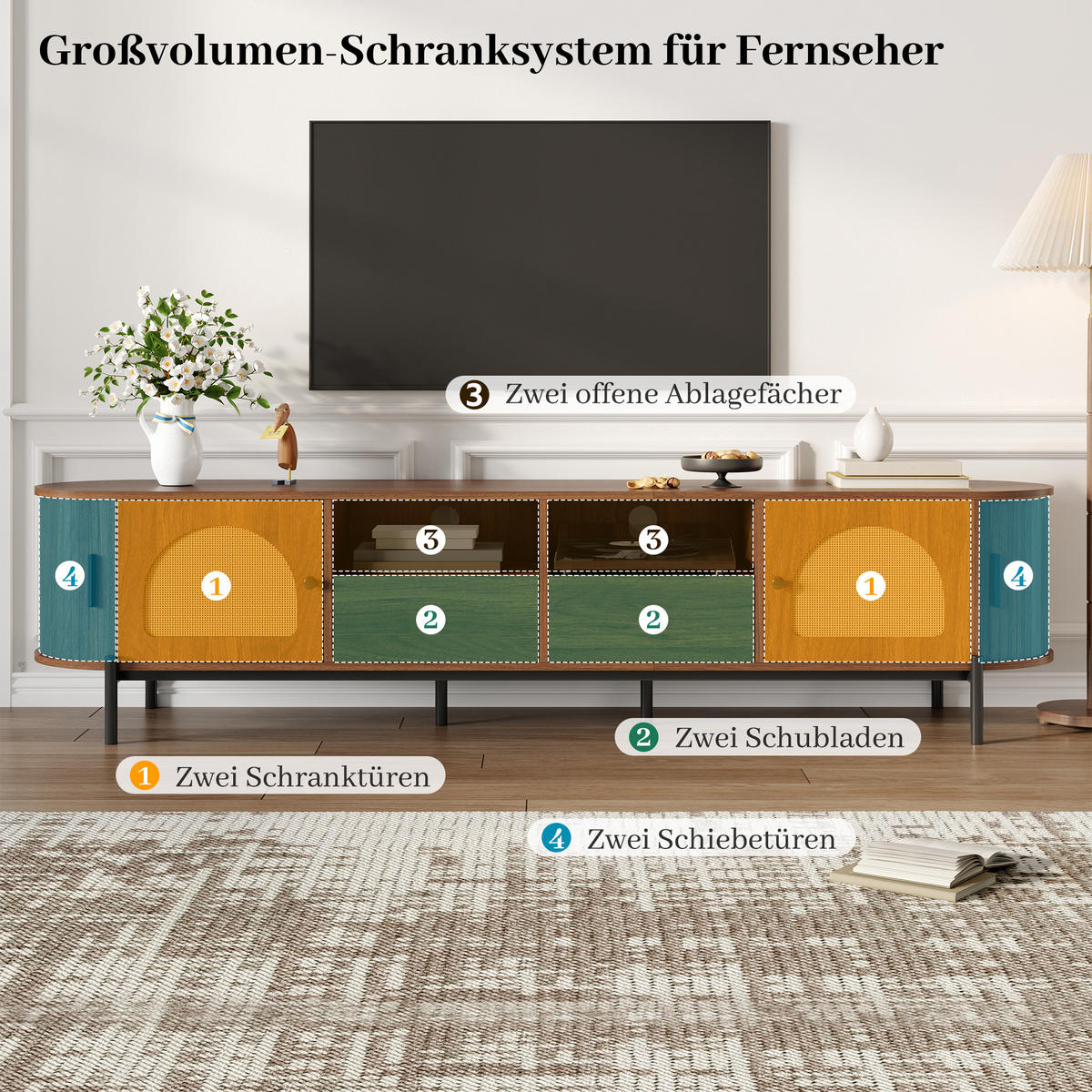 TV-SCHRANK Oval Rattan Schiebetüren Metallbeine modern - Walnussfarben, Holzwerkstoff (40/49.5/200cm) - FLIEKS