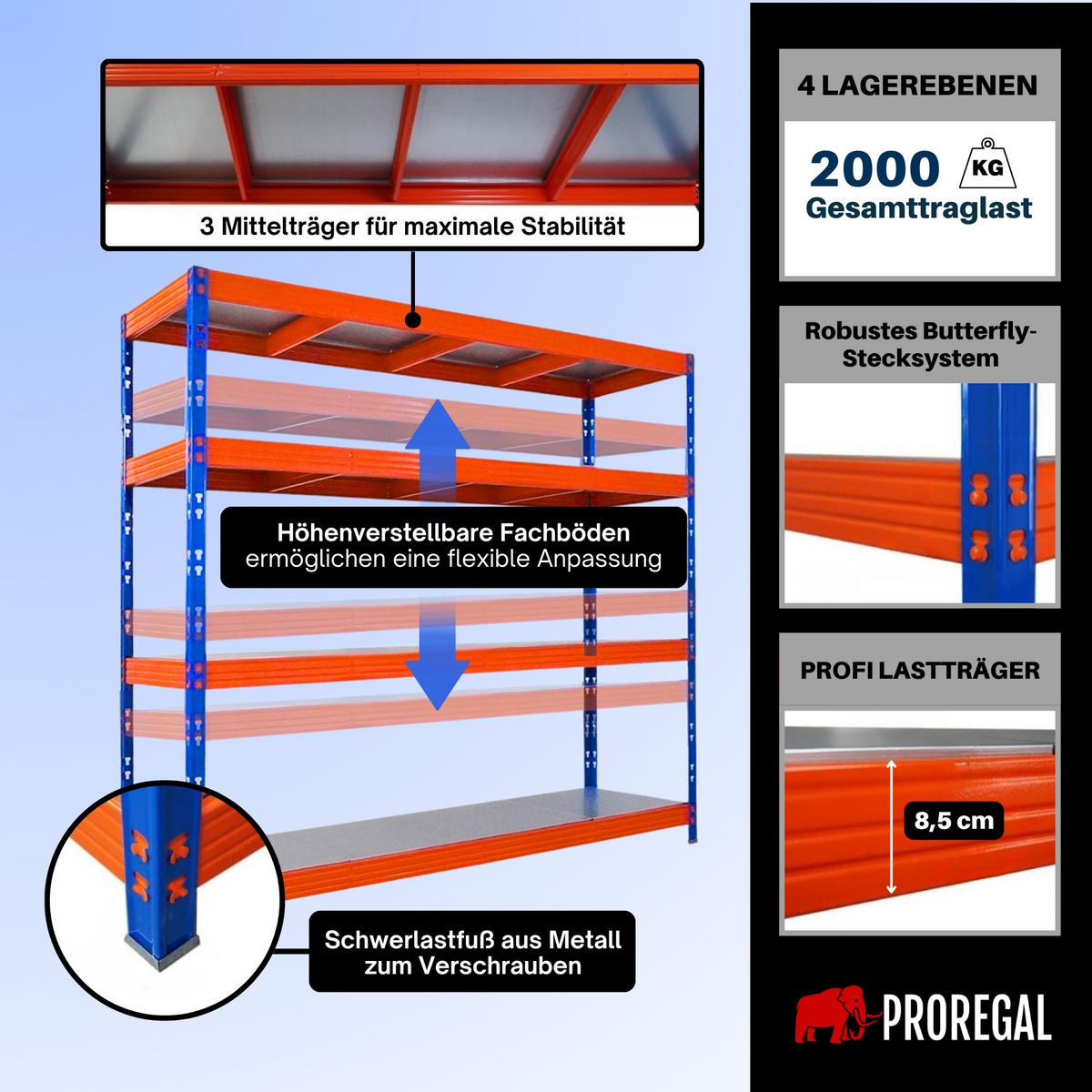 SCHWERLASTREGAL Rhino 180x200x60cm Fachlast 500kg 4X Stahlplatten-Ebenen Blau/Orange - Blau/Orange, Metall (200/180/60cm) - PROREGAL