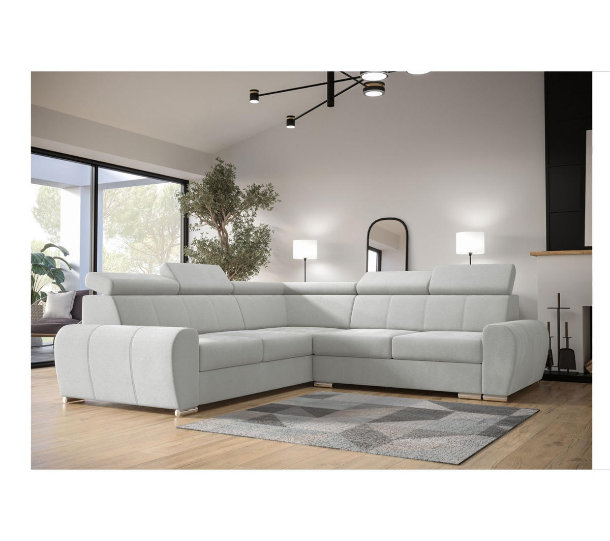ECKSOFA APOLLO,mit Schlaffunktion und Bettkasten, Farbe: Hellgau, Velourstoff, Ottomane Links - Hellgrau, Textil (255/255cm) - O-Sofa
