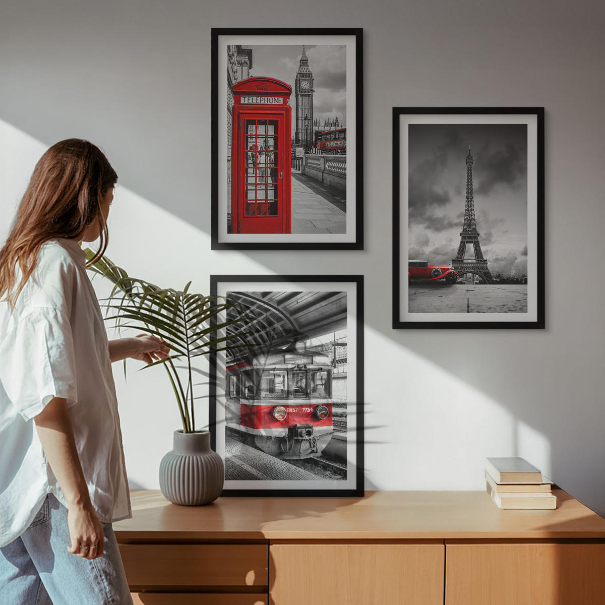 BILDER SET 3er Set - 40x60 cm Schwarzer Rahmen - Ikonen London Paris Verkehr - Schwarz, Kunststoff (40/60cm) - TULUP