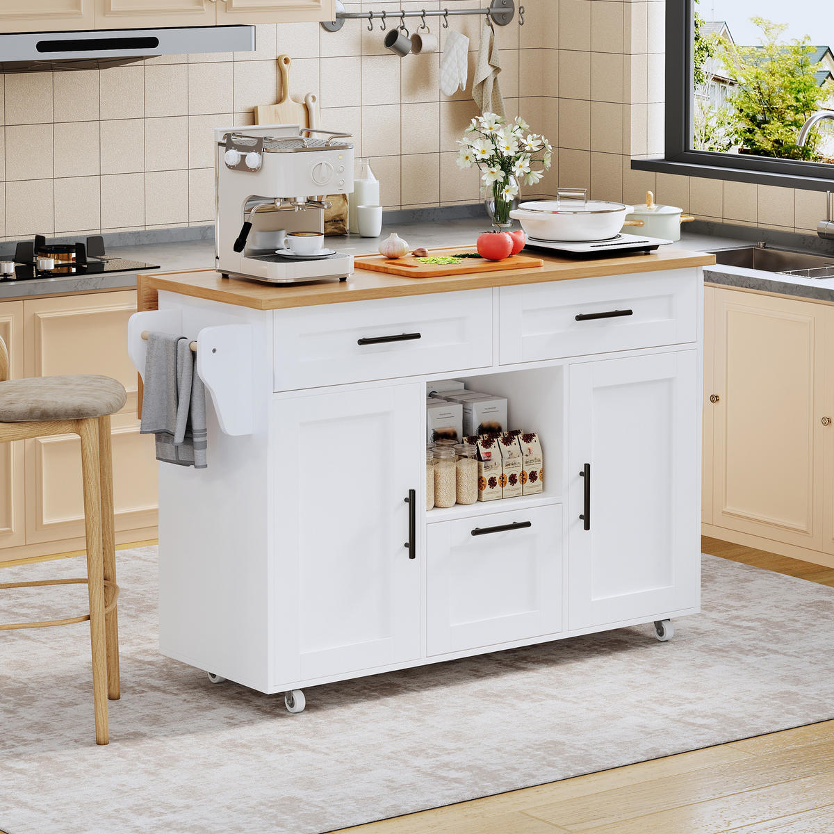KÜCHENINSEL in Weiß Servierwagen mit Schubladen und Handtuchstange für Küche und Esszimmer, B120/T71/H90 cm - Weiß, Holzwerkstoff/Metall (120/90/71cm) - STILVORA