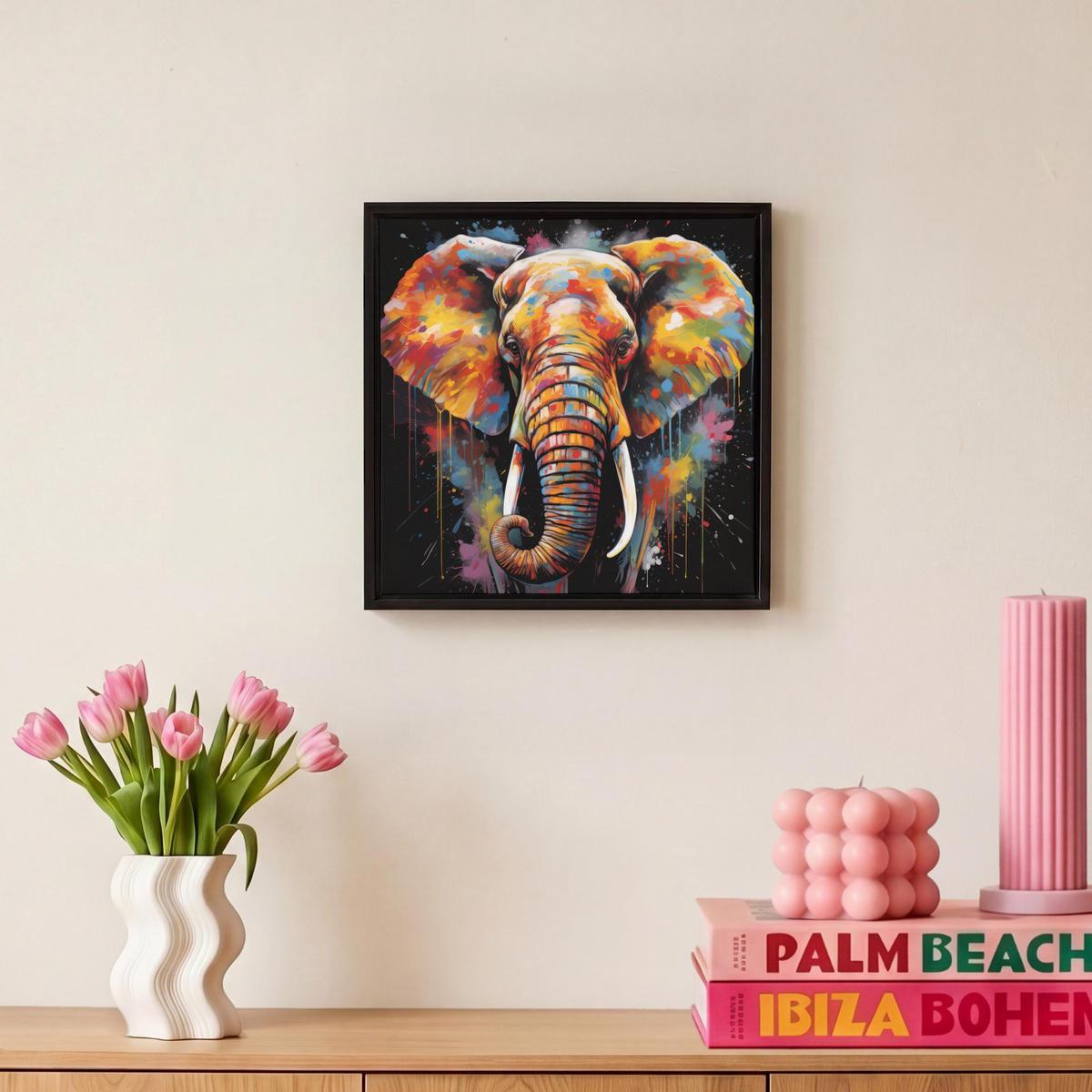 LEINWAND Bilder mit Rahmen - Elefant - Graffiti - Schwarz - Tiere - Farben - 20x20 - Schwarz, Textil (20/20cm) - MuchoWow
