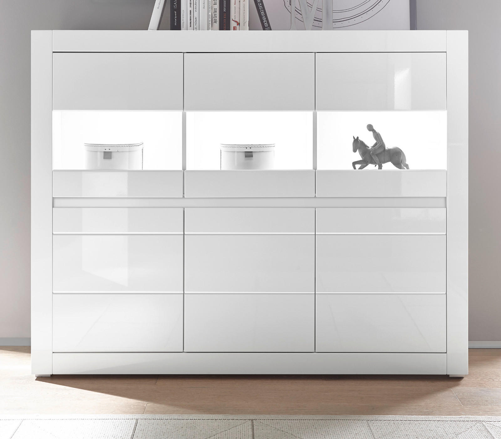 HIGHBOARD Hochglanz weiß, Schrank 164 x 131 cm mit Soft-Close-Funktion - Weiß Hochglanz/Weiß, Glas/Holzwerkstoff (164/131/42cm) - Furn.Design