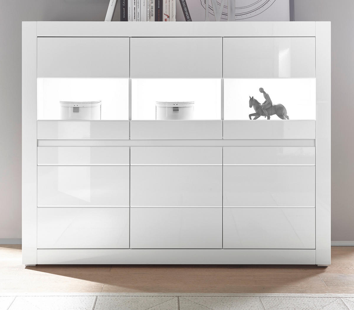 HIGHBOARD Hochglanz weiß, Schrank 164 x 131 cm mit Soft-Close-Funktion - Weiß Hochglanz/Weiß, Glas/Holzwerkstoff (164/131/42cm) - Furn.Design