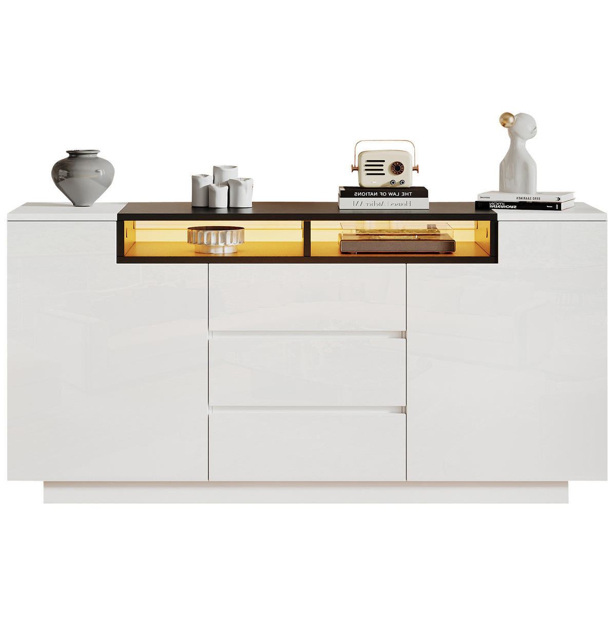 SIDEBOARD 140/40/68 cm in Weiß/Schwarz mit LED-Beleuchtung und 3 Schubladen - Weiß, Holzwerkstoff (140/68/40cm) - Flora Grace