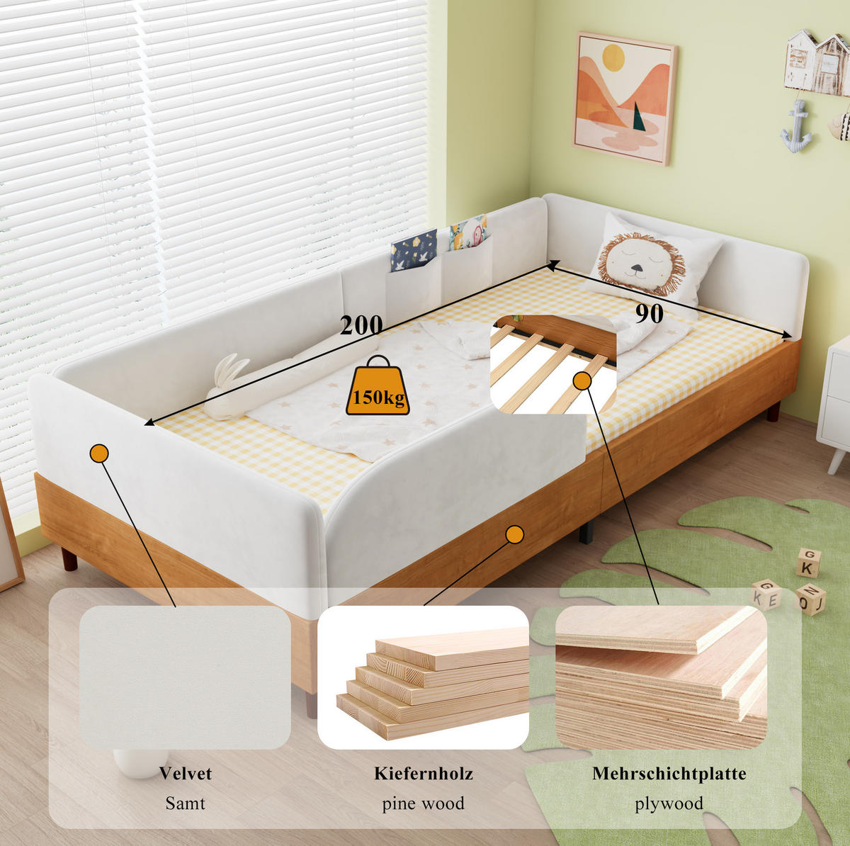 POLSTERBETT 90/200 cm in Weiß mit 2 Stautaschen und umlaufender Polsterung - Naturfarben, Textil (90/200cm) - BEAOK