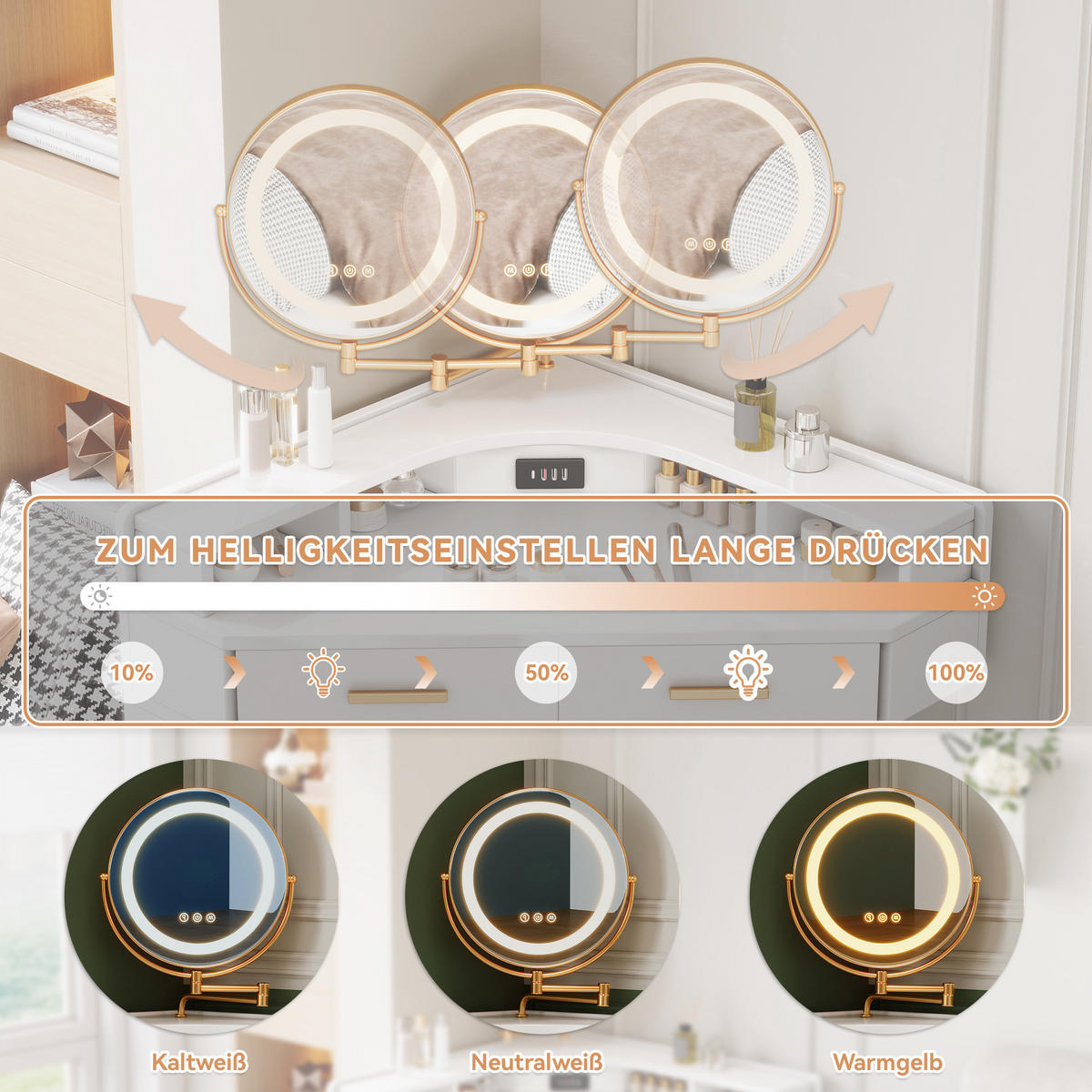 SCHMINKTISCH 105,5/75/120 cm weiß aus Spanplatte mit LED-Spiegel - Weiß, Holzwerkstoff (75/120/105.5cm) - OKWISH