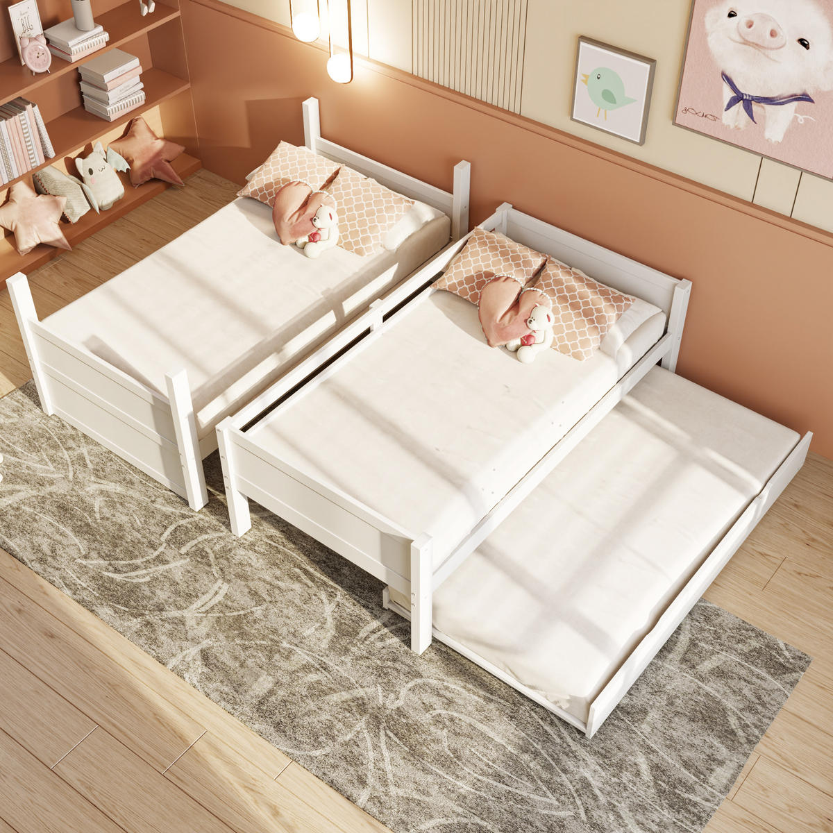 ETAGENBETT 90/200 cm in Weiß mit Ausziehbett, Leiter und Sicherheitsgeländer - Weiß, Holz/Holzwerkstoff (90/200cm) - WISHDOR