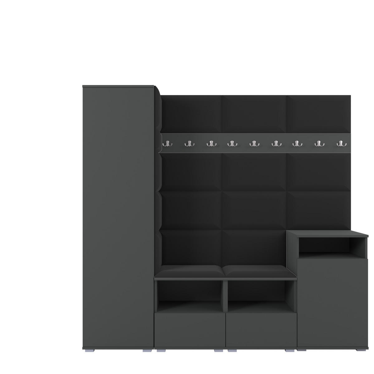 GARDEROBE NELA X 200 cm (Modulare Flurmöbel Graphit mit Sitzpolster Schwarz 16 Schrank + Sideboard) - Silberfarben/Schwarz, Holz/Holzwerkstoff (200/187/40cm) - Ravio