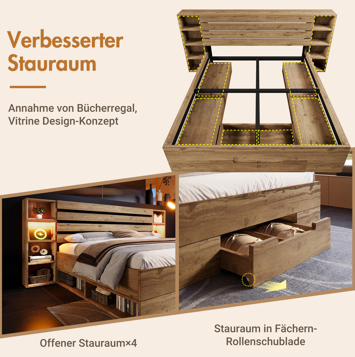 POLSTERBETT 160/200 cm Eiche aus Metall und Holz mit Stauraum - Eichefarben, Metall (160/200cm) - OKMYHOME