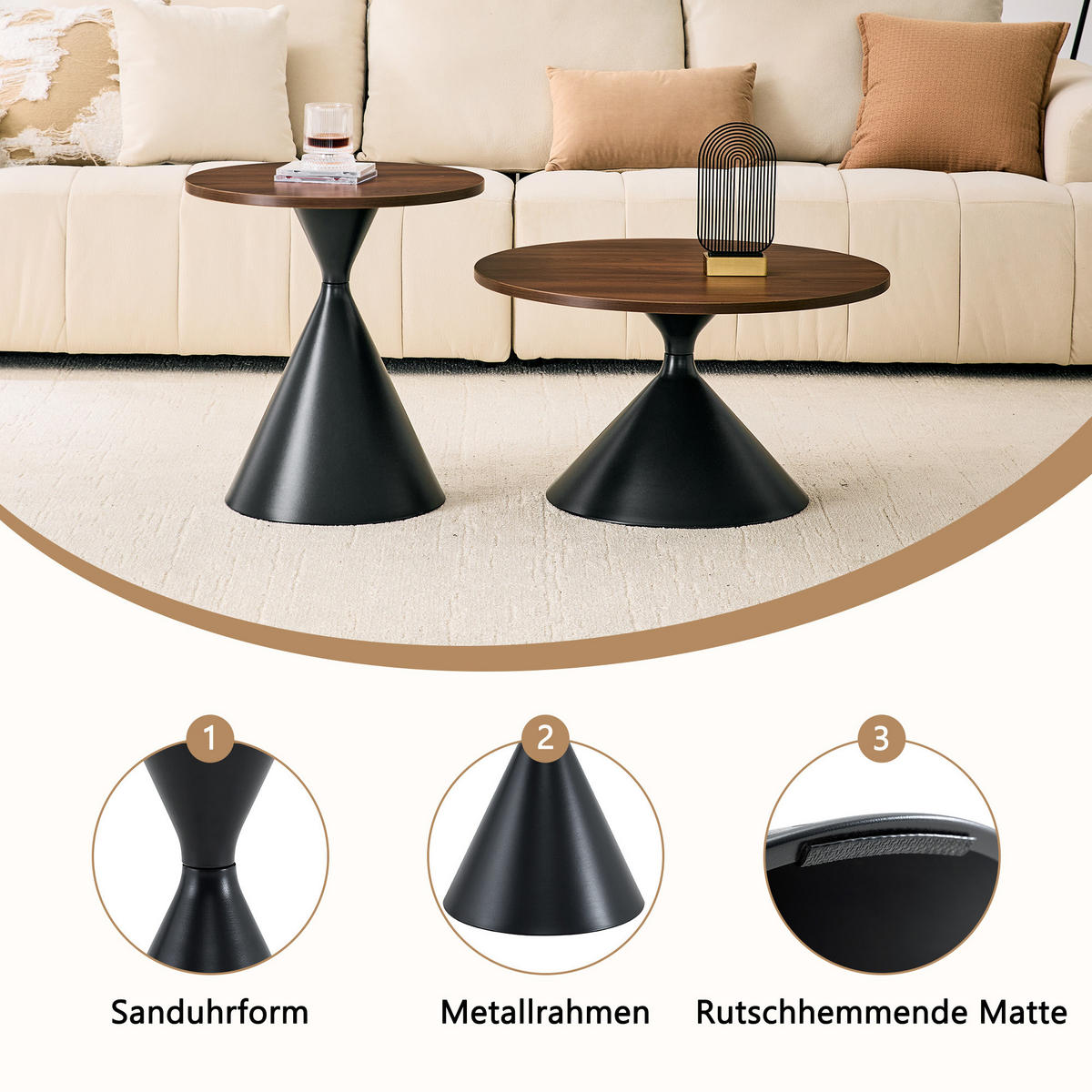 COUCHTISCH-SET DE-37434 2er-Set konusförmig mit Nussbaumoptik Nussbaum/Schwarz - Walnussfarben/Schwarz, Metall (50/50/50cm) - ComfortXL