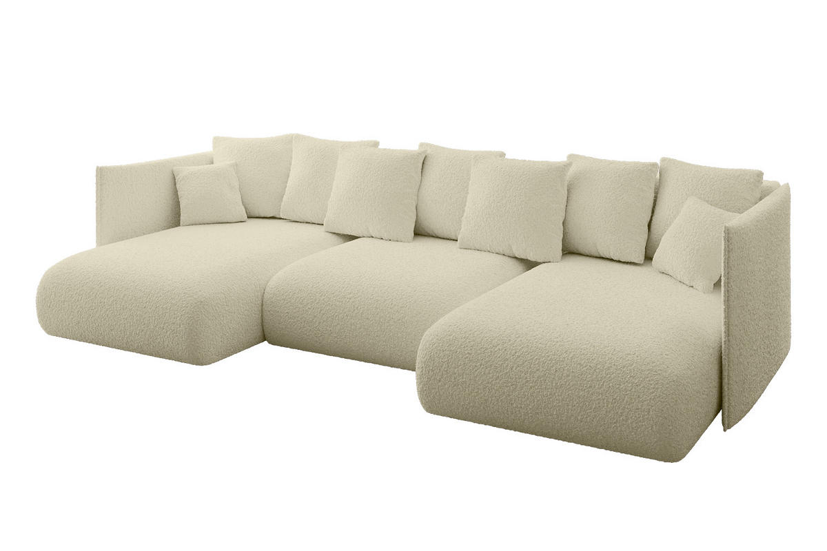 WOHNLANDSCHAFT mit Schlaffunktion und Bettkasten ONESK-U 304x165x40 Beige Bouclé - Beige, Holzwerkstoff/Kunststoff (304/90/165cm) - ALTDECOR