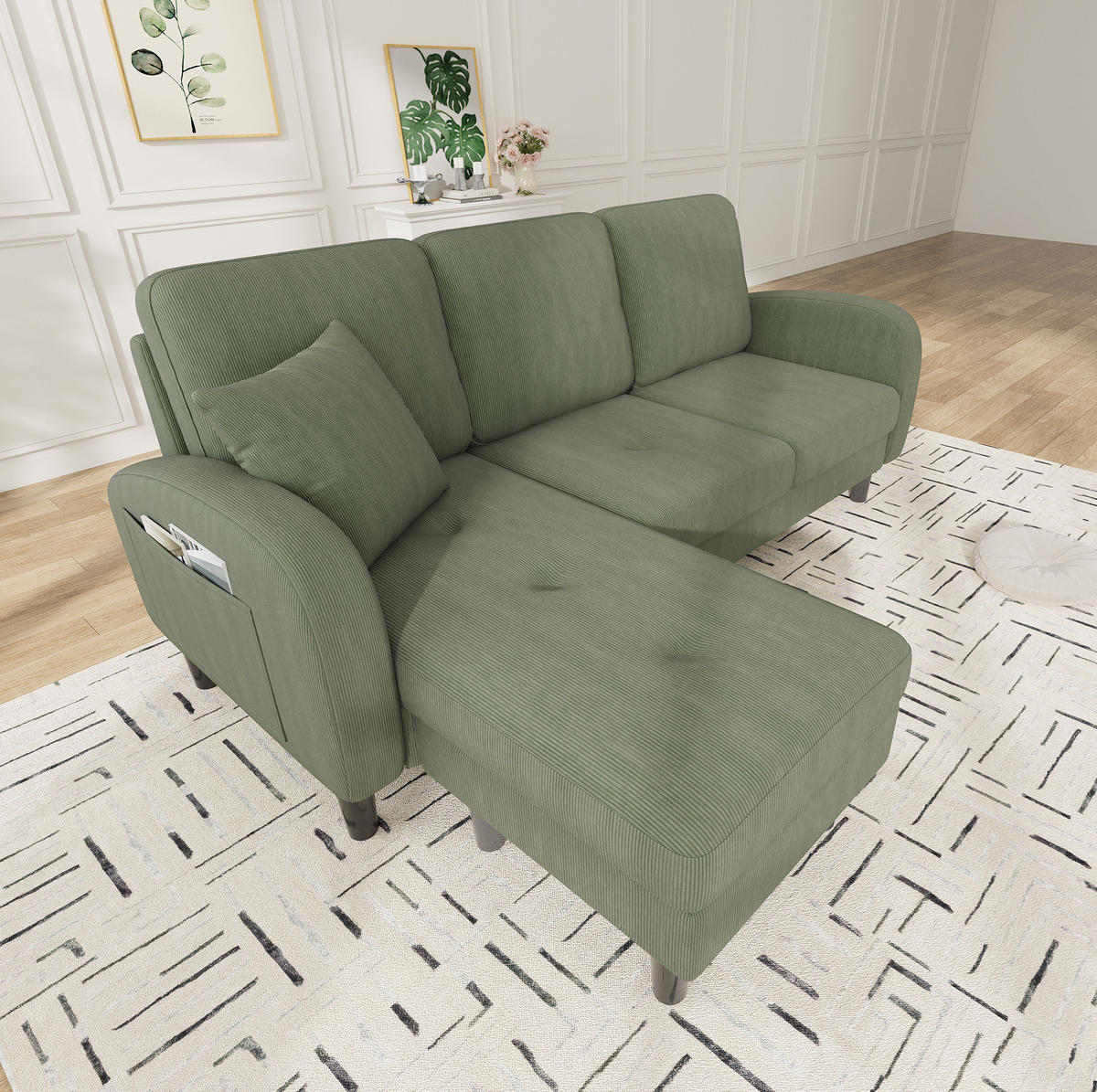SOFA modular 166 x 118 x 77 cm Cord Green 3-Sitzer - Grün, Holz (118/166cm) - Meubliv