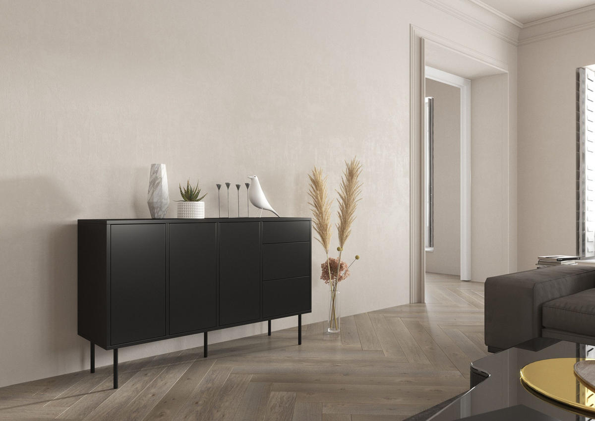 SIDEBOARD Mirka, Schwarz, Push to Open System, Minimalistisch - Schwarz, Holzwerkstoff/Metall (130/80/40cm) - Dancan