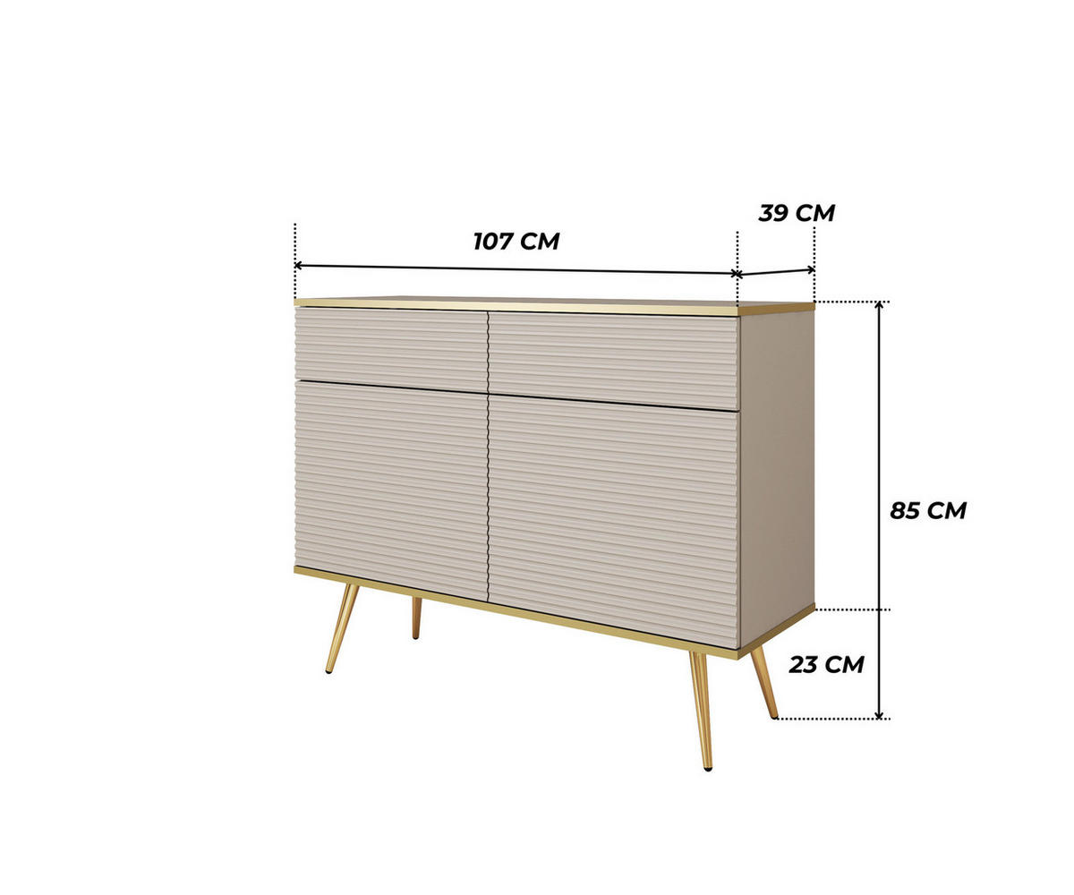 KOMMODE FORNO (Beige, Rillenfront, Goldene Details, 2 Türen, 2 Schubladen, goldene Metallfüße, 107 cm) - Gelb/Beige, Holz/Holzwerkstoff (107/85/39cm) - Ravio
