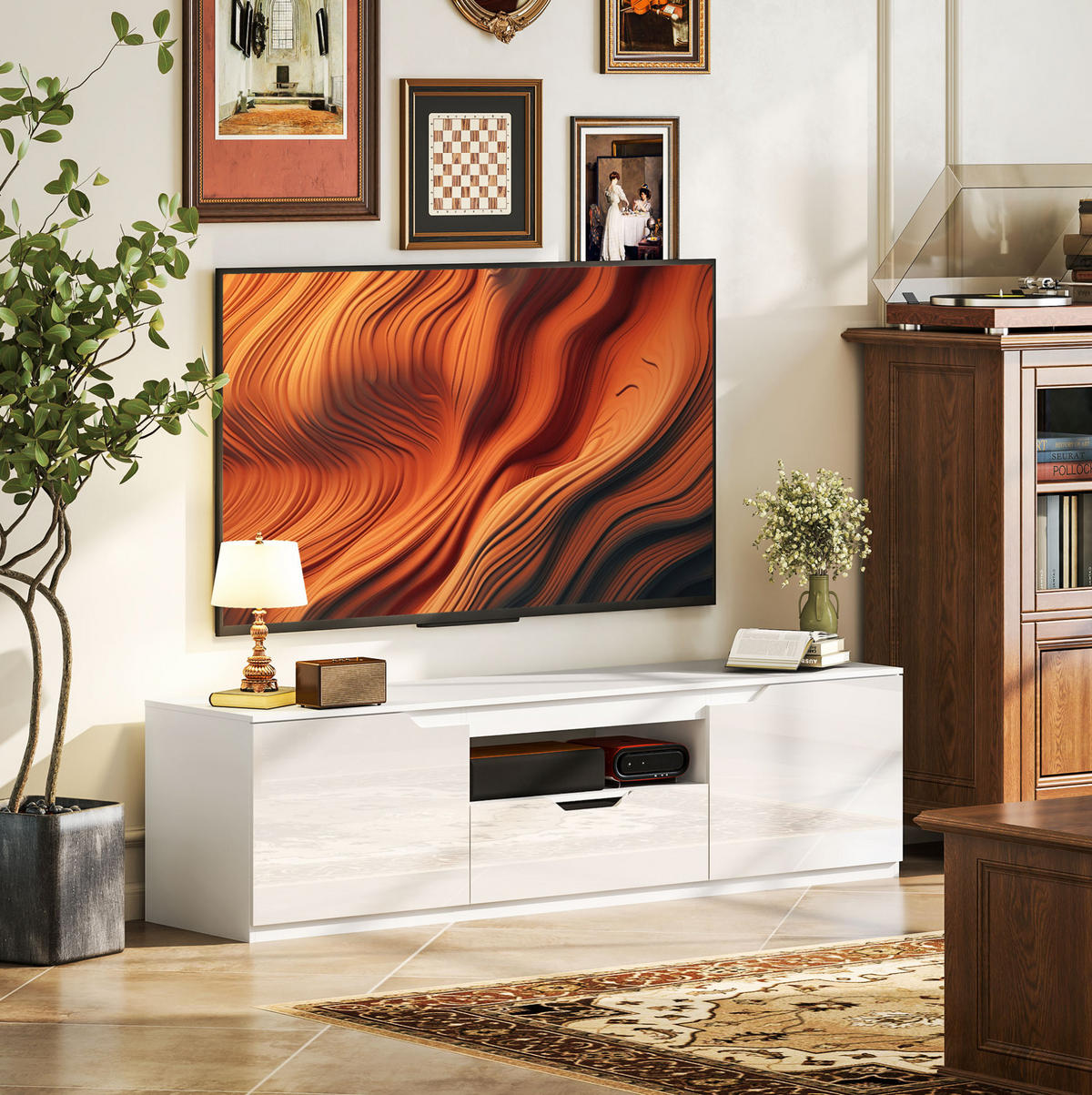 TV-LOWBOARD aus Holz 160x38x43 cm Weiß mit 2 Türen, Schublade, offenem Fach und Kabelmanagement - Weiß, Holzwerkstoff (160/43/38cm) - Modfu