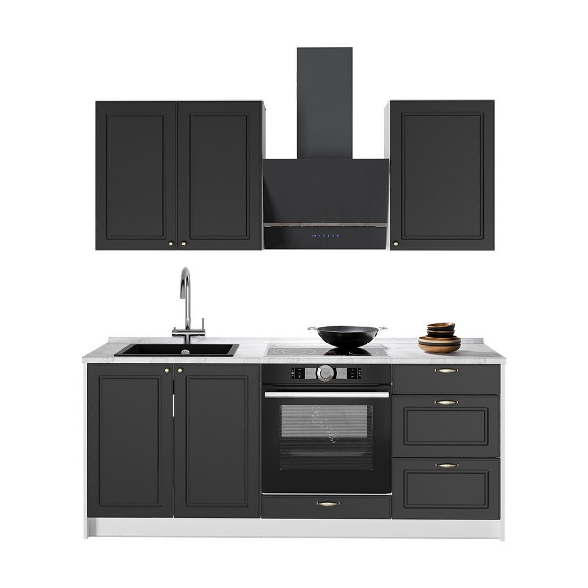 SINGLEKÜCHE Fame-Line, Anthrazit-Gold Landhaus/Weiß, 190 cm, AP Anthrazit - Anthrazit/Weiß, Holzwerkstoff (190/206.8/60cm) - Vicco