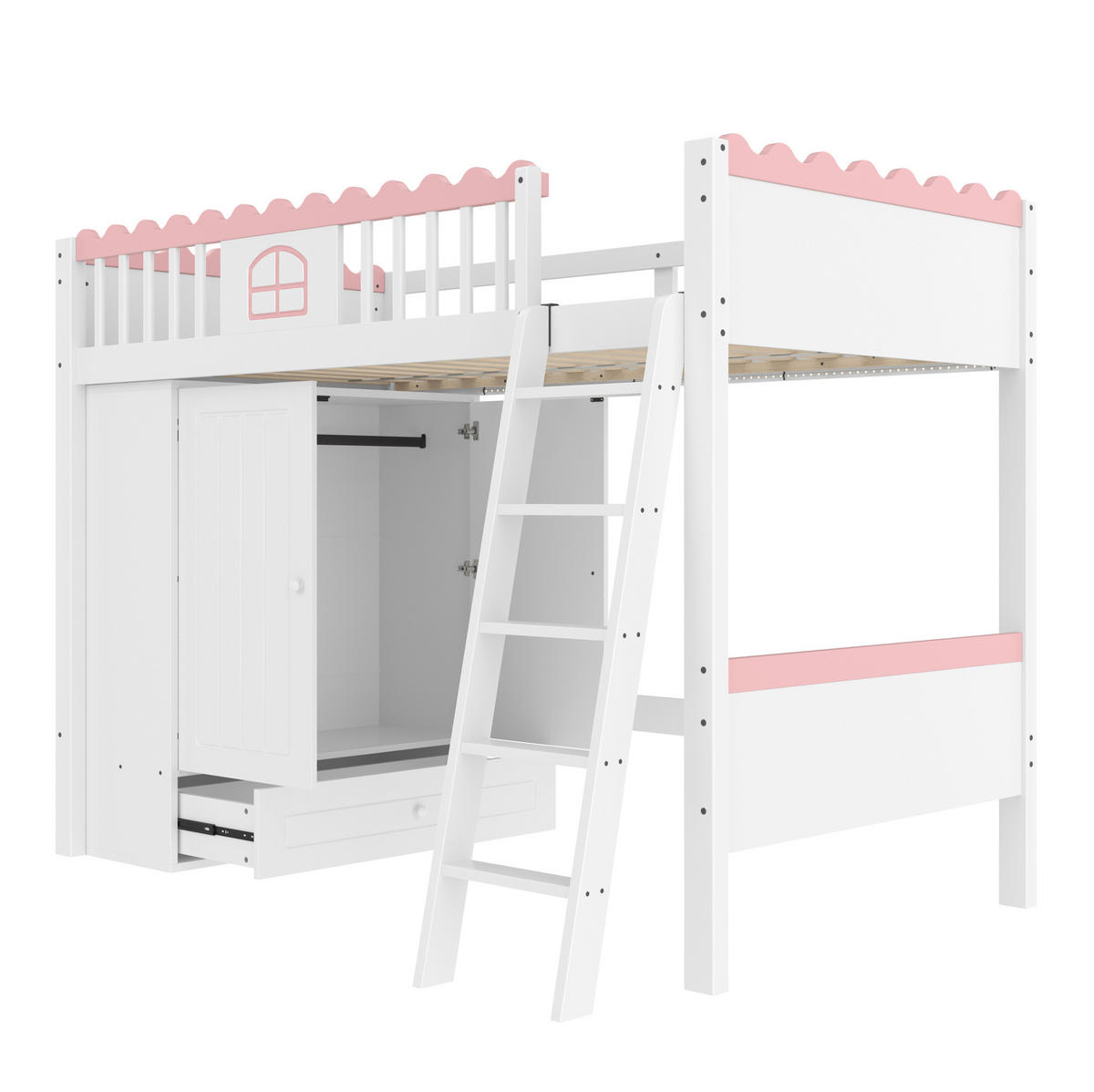 HOCHBETT 90/200 cm mit LED, Kleiderschrank und Schublade aus Kiefern , Weiß - Weiß, Holzwerkstoff (90/200cm) - Redom