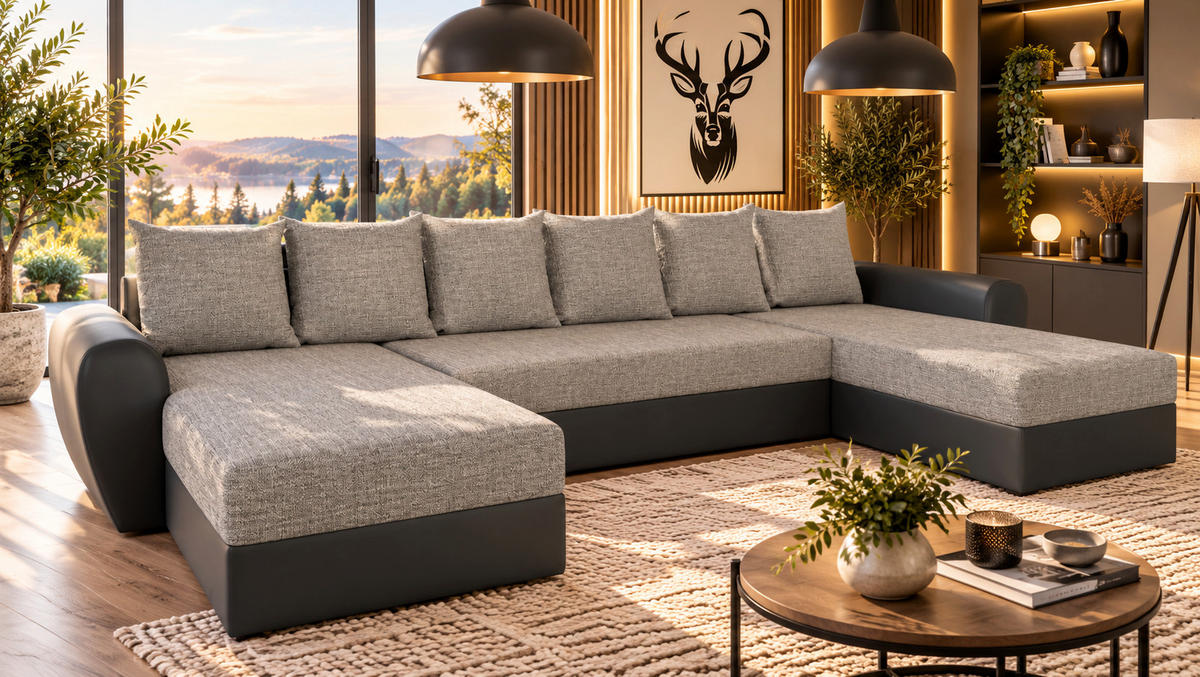 WOHNLANDSCHAFT PUMA U-Form 308 cm mit Schlaffunktion, Bettkasten, Kunstleder-Stoff oder Samt, verschiedene Farben - Schwarz, Kunststoff (308/85/140cm) - Wohnideebilder