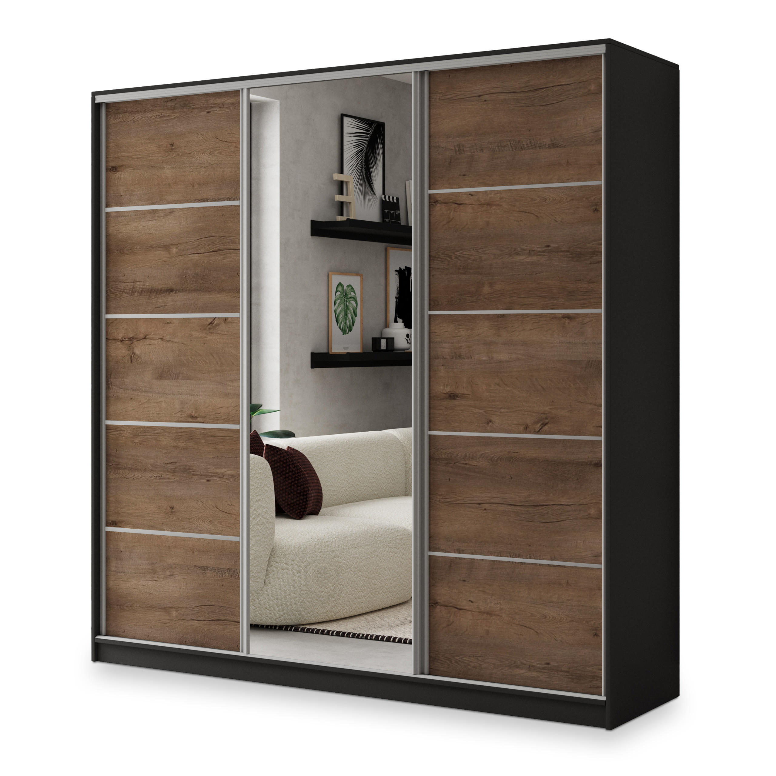 SCHWEBETÜRENSCHRANK NATA 180/205/58 cm 3-türig mit Spiegel und Schubladen Schwarz / Eiche Lefkas - Eichefarben/Silberfarben, Holzwerkstoff (180/205/58cm) - MASSENO