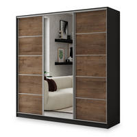 SCHWEBETÜRENSCHRANK NATA 180/205/58 cm 3-türig mit Spiegel und Schubladen Schwarz / Eiche Lefkas - Eichefarben/Silberfarben, Holzwerkstoff (180/205/58cm) - MASSENO