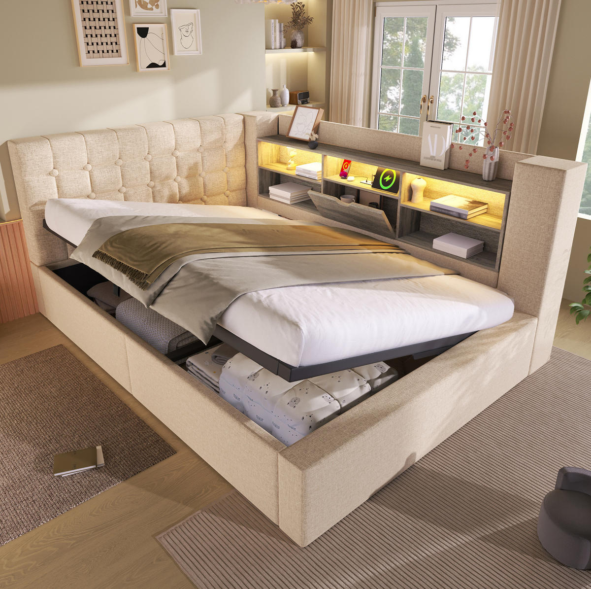 POLSTERBETT 140/200 cm Beige aus Leinen mit LED-Beleuchtung und Stauraum - Beige, Textil (140/200cm) - OKMYHOME