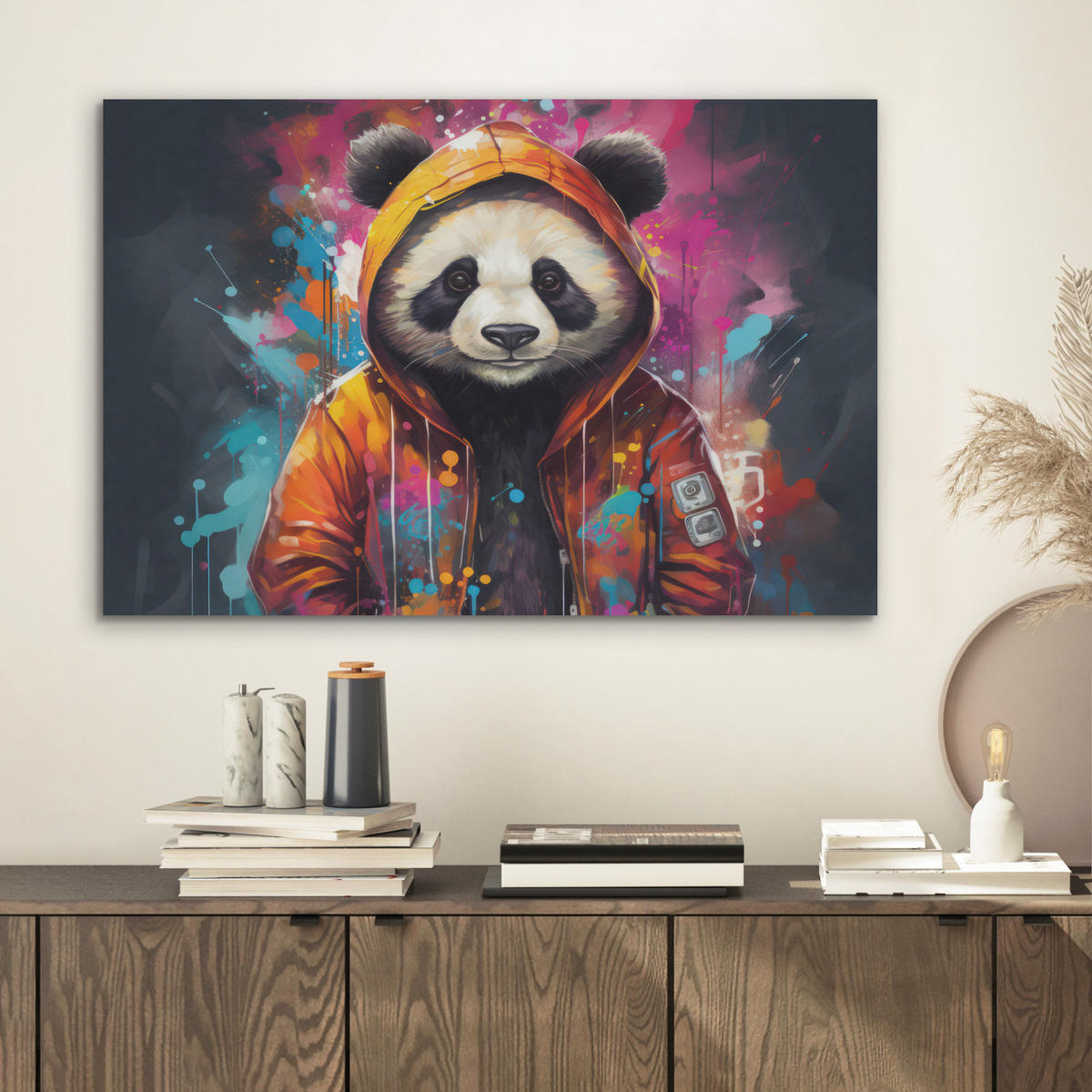 AKUSTIKBILD Panda - Jacke - Graffiti - Orange Wanddeko 70x50 cm - Orange, Kunststoff (70/50/0.9cm) - MuchoWow