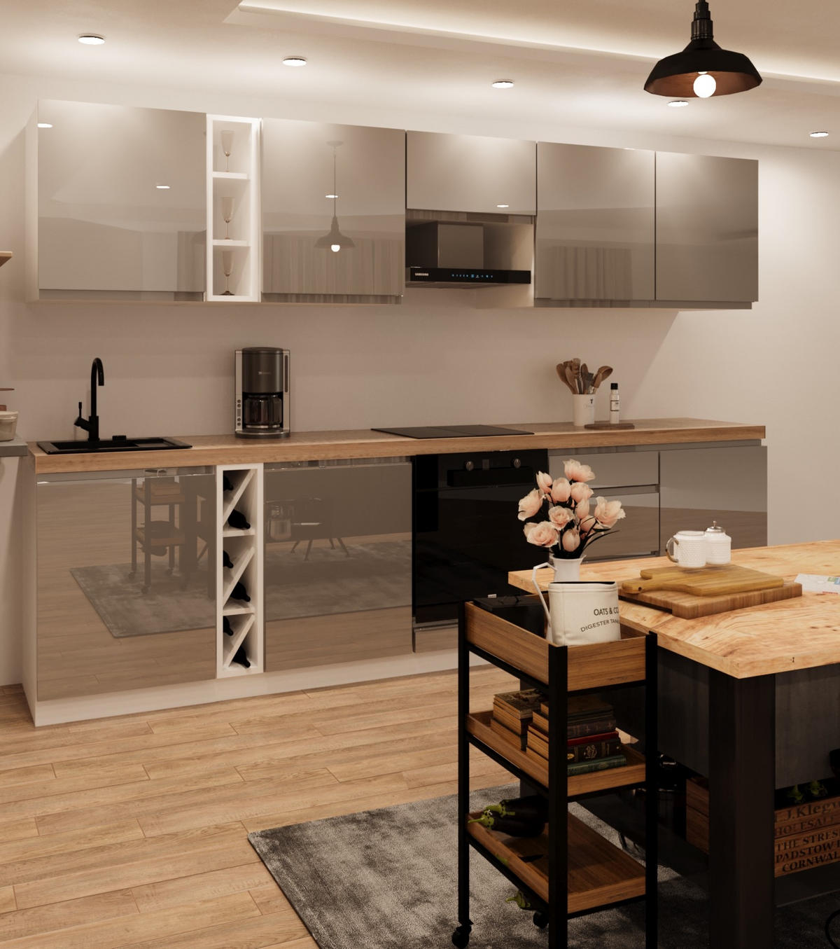 KÜCHENZEILE 320 cm - Aspen KA15-M320- in Grau/Hochglanz - Grau, Holz (320/212/52cm)