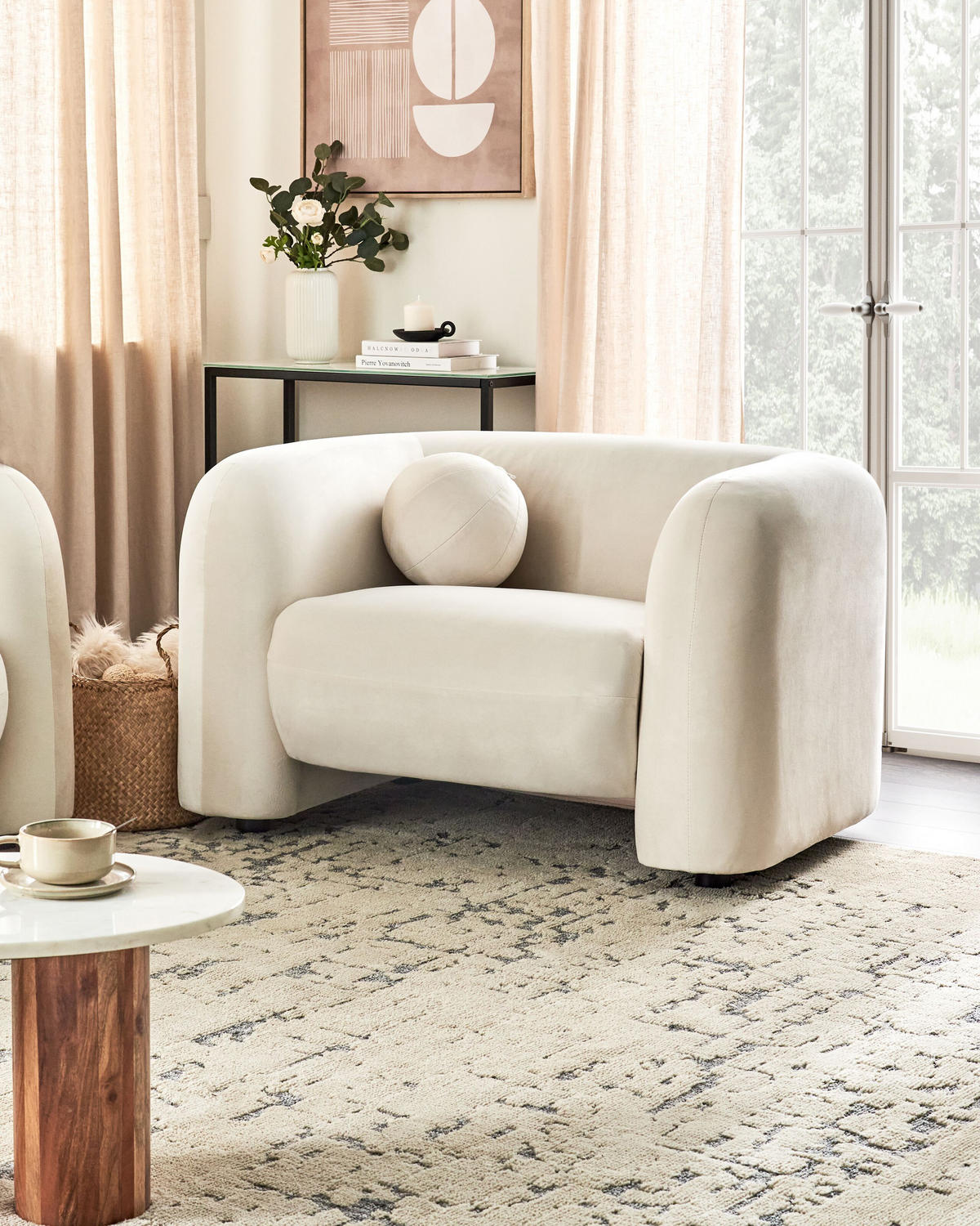 SESSEL Samtstoff Cremeweiß Leiren - Creme, Textil (111/73/83cm) - Beliani