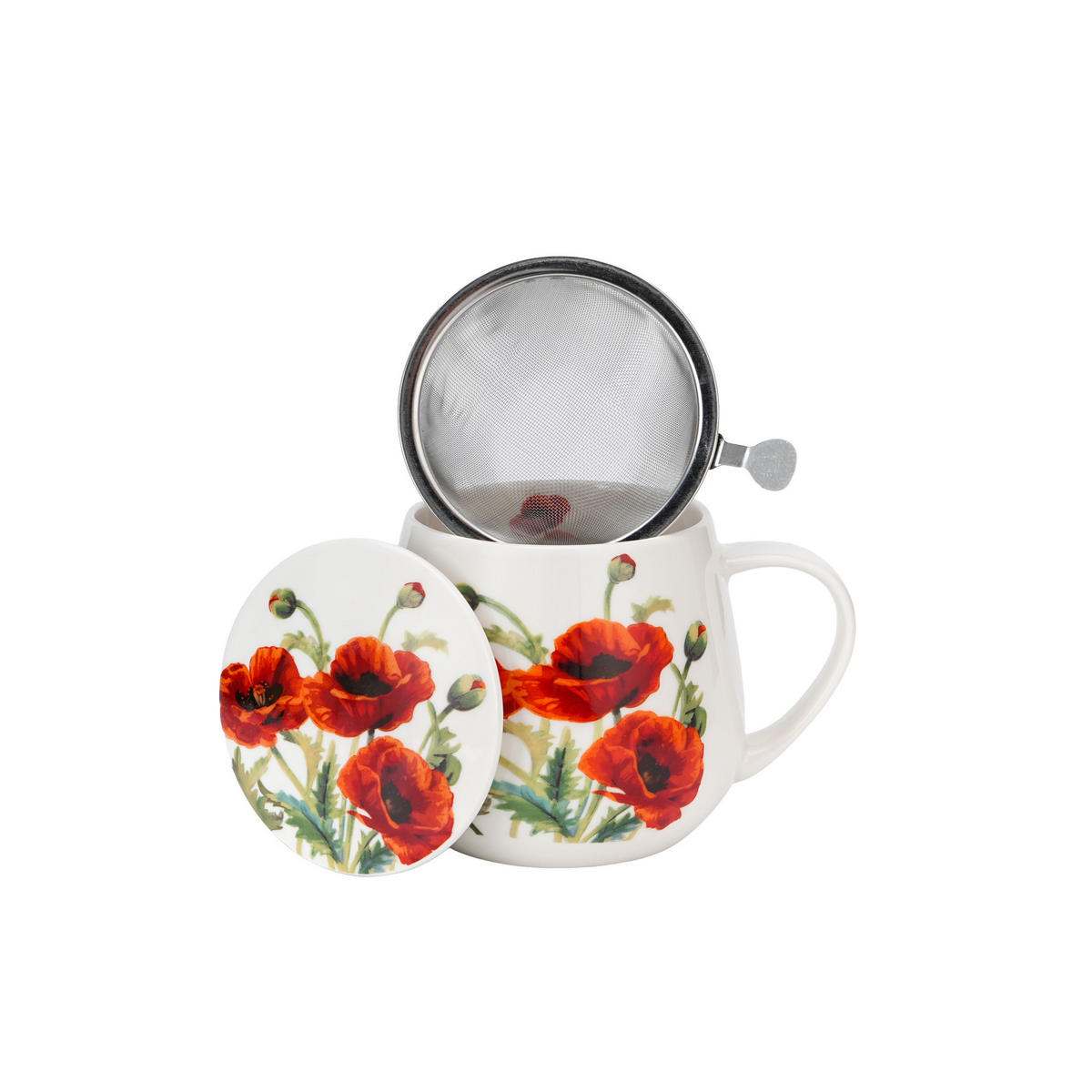 TEETASSE mit Sieb in Fassform CLASSIC POPPIES - Weiß, Keramik (0.43L) - DUO PORCELAIN