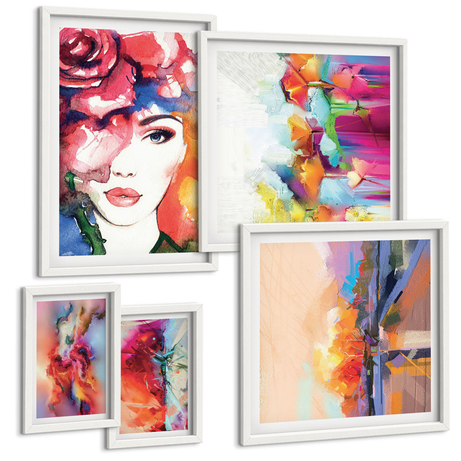 BILDER SET 5er Set - 50x50 cm & 20x30 cm & 40x60 cm Weißer Rahmen - Italienische Flüsse, Hügel, Straße - Weiß, Kunststoff (40/60cm) - TULUP