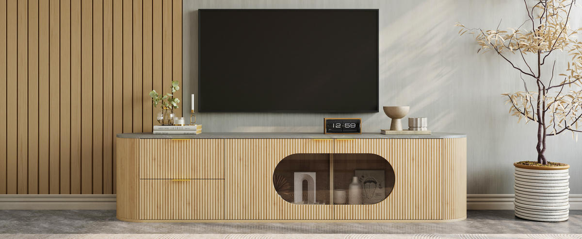 TV-SCHRANK Lowboard Holzoptik 3D Streifen Glasvitrine - Naturfarben, Holz (172/45.5/38cm) - LEBENLANG