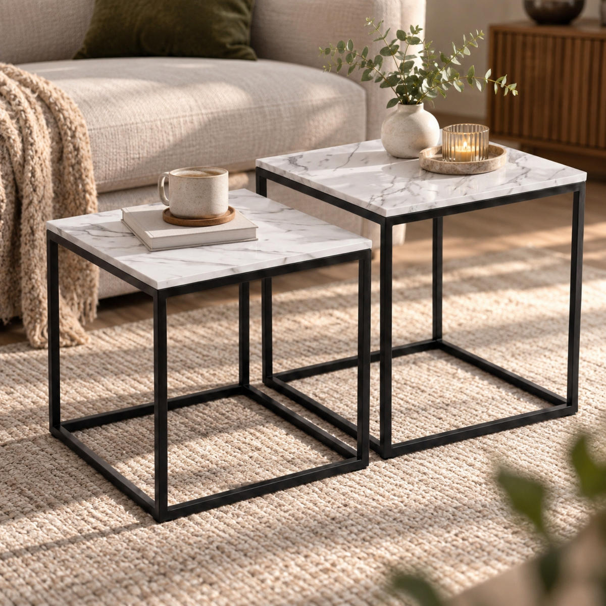 COUCHTISCH 2er-Set quadratisch Schwarz, Weiß - Weiß, Metall (50/50/50.5cm) - SCENA LIVING