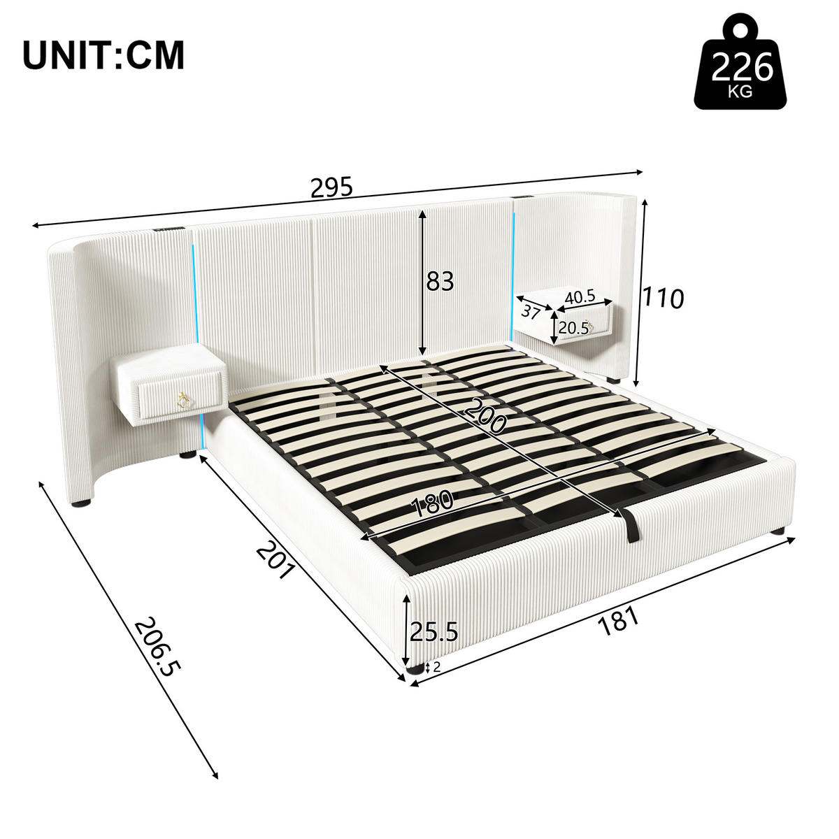 POLSTERBETT 180/200 cm Beige mit LED-Beleuchtung und hydraulischem Stauraum - Beige, Textil (180/200cm) - OKWISH
