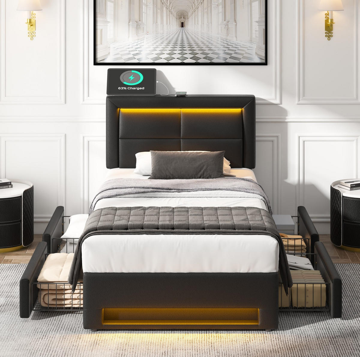 POLSTERBETT 90/190 cm mit LED-Beleuchtung, USB und 4 Schubladen in Schwarz - Schwarz, Kunststoff (90/200cm) - BEAOK