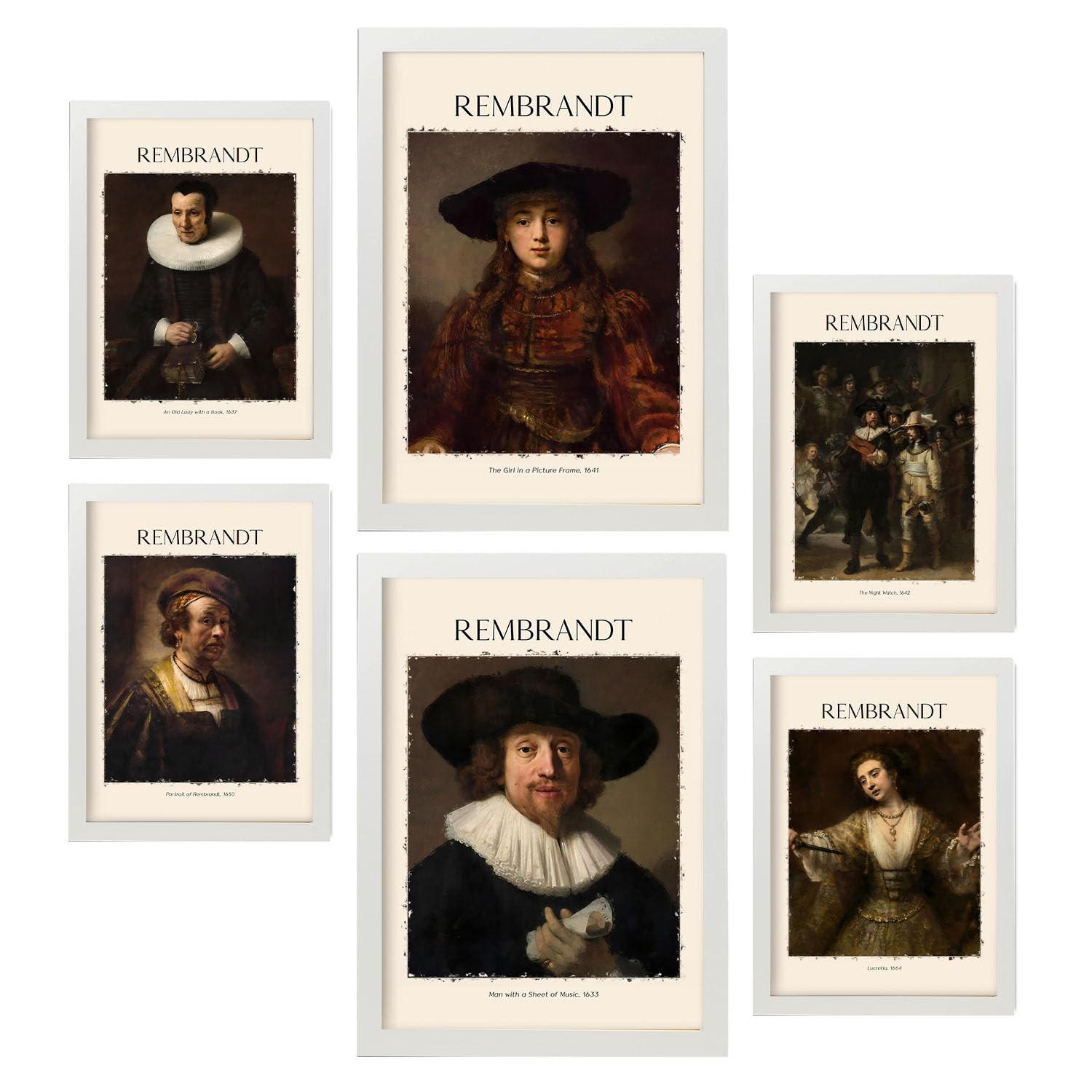 POSTER Set Mit 6 Rembrandt Malergalerie A3 & A4 Weißer Rahmen - Weiß, Papier (29/3cm) - Nacnic