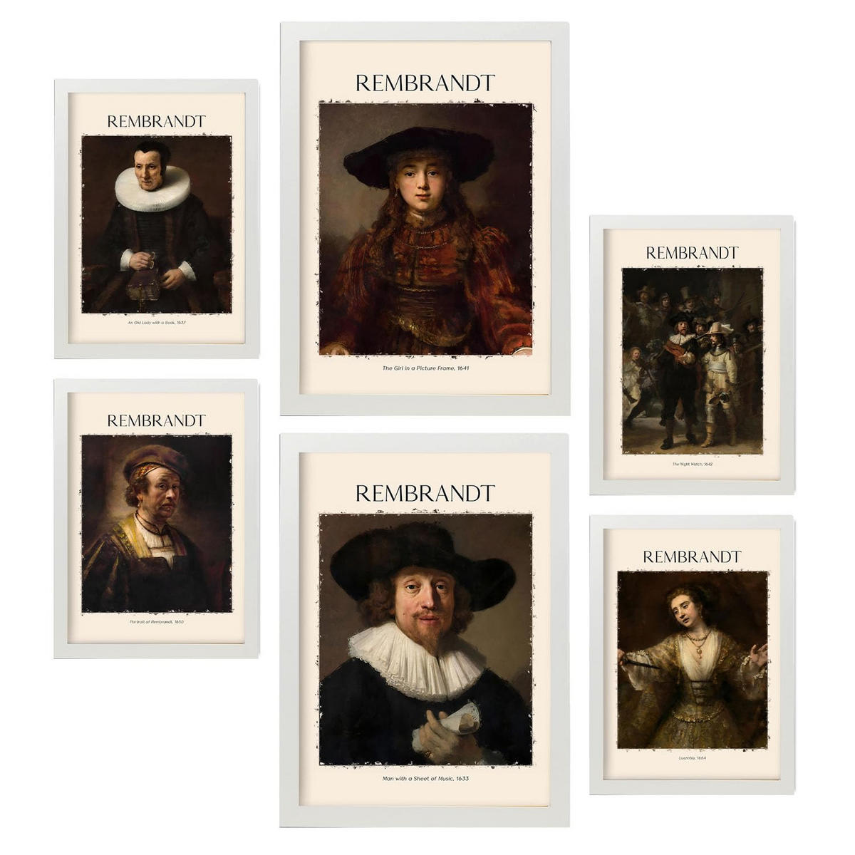 POSTER Set Mit 6 Rembrandt Malergalerie A3 & A4 Weißer Rahmen - Weiß, Papier (29/3cm) - Nacnic