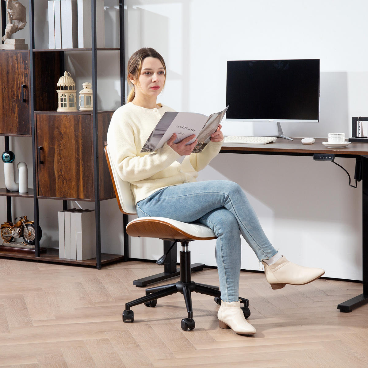 BÜROSTUHL Höhenverstellbarer Kunstleder, Weiß - Weiß, Textil (52/90/53cm) - HOMCOM