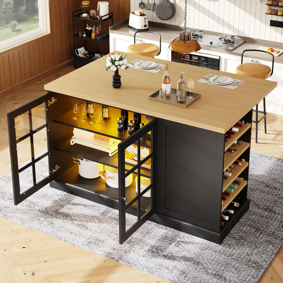 BARTISCH KLAPPBAR LED Weinregal Schublade USB - Schwarz, Holzwerkstoff (120/90/70cm) - FLIEKS