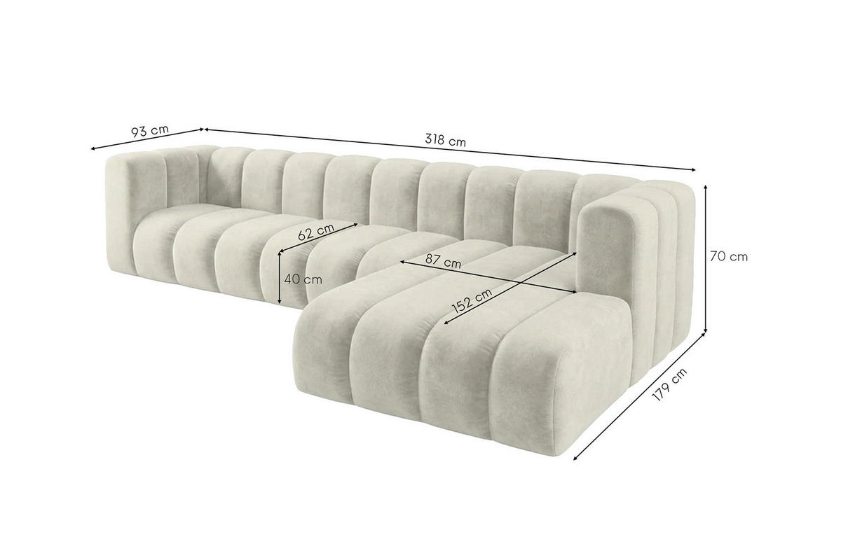 ECKSOFA Modulares In L-Form, Velvet-Stoff Riviera, Ecru, Rechts, GRAND 318 cm - Creme, Holz (318/179cm) - Kaiser Möbel