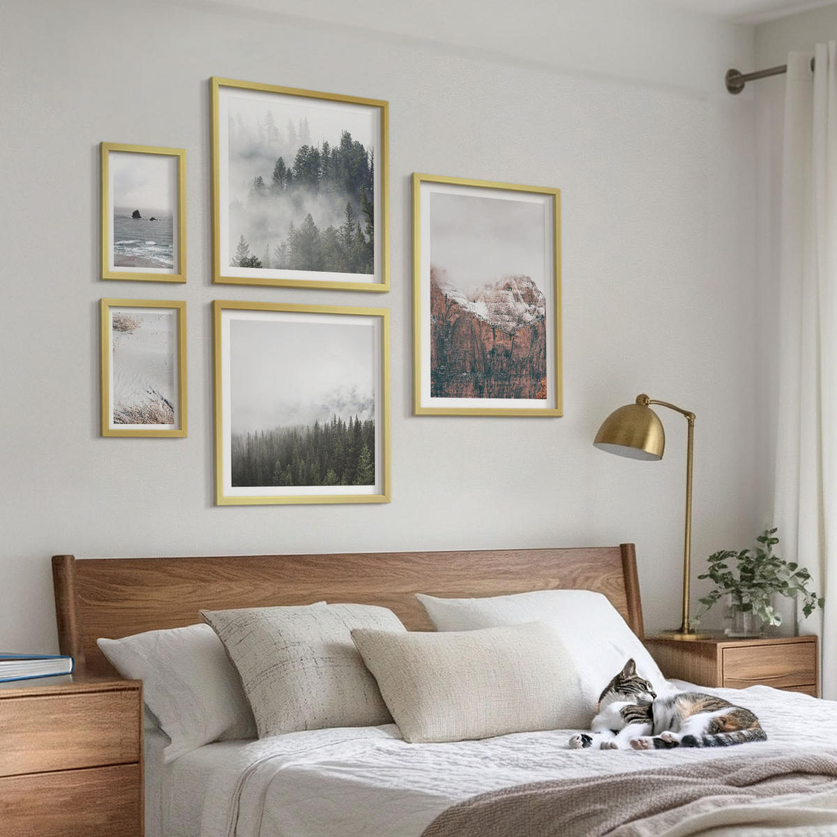 WANDBILDER 5er Set - 50x50 cm & 20x30 cm & 40x60 cm Goldrahmen - Abstrakte Wellen, graue Pastellfarben - Goldfarben, Kunststoff (40/60cm) - ArtPrintCave