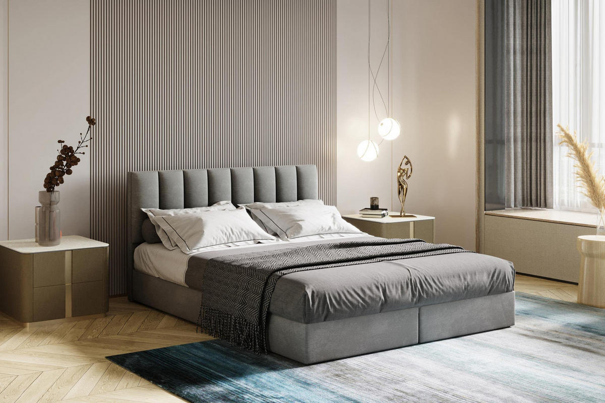 BOXBETT 200 x 200 cm mit Bonellmatratze H3, CITY, Elegant gestepptes Kopfteil und Topper 5cm, Bettkasten, Grau - Grau, Holzwerkstoff/Kunststoff (200/200cm) - Trada
