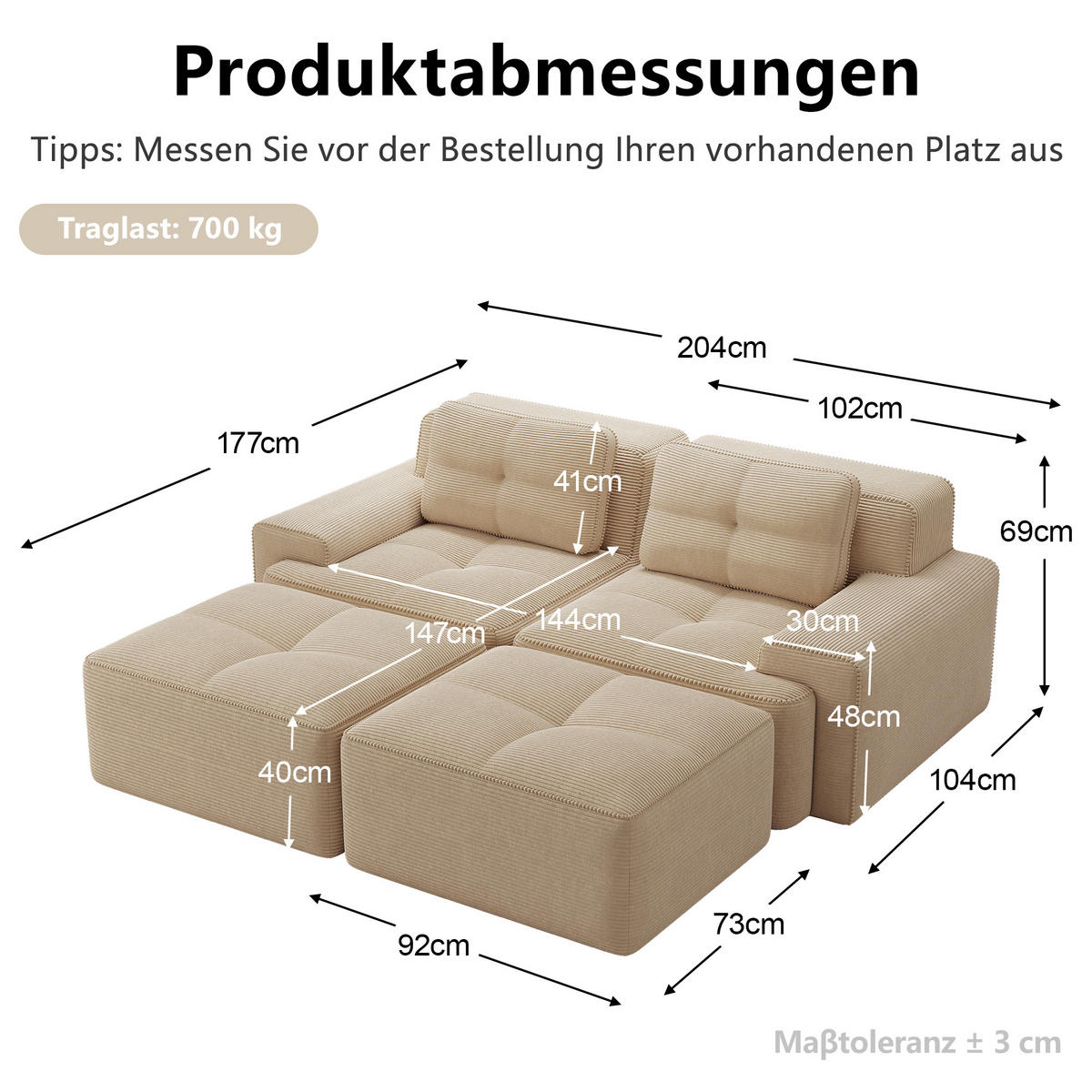 WOHNLANDSCHAFT DE-34113 2-Sitzer mit Ottoman Beige - Beige, Textil (177/69/204cm) - ComfortXL