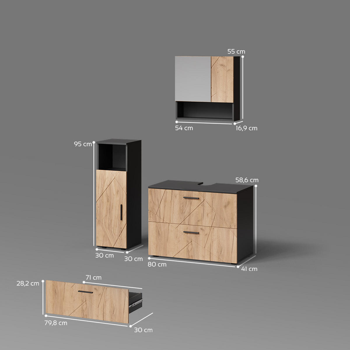 BADMÖBEL-SET Ronco Goldkraft Eiche/Anthrazit 3 Teile, mit Midischrank - Anthrazit/Eiche Wotan, Holzwerkstoff (54/55/41cm) - Livinity®