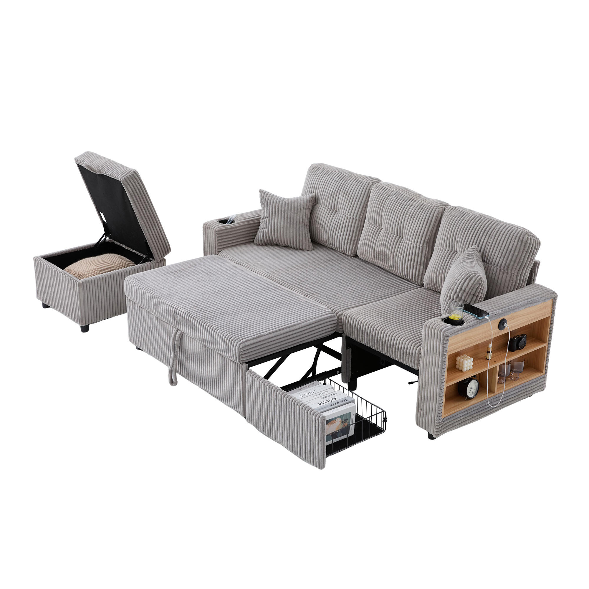 SCHLAFSOFA aus Cord mit Stauraum, Ausziehbett und USB-C - Hellgrau, Textil (196/85/82cm)