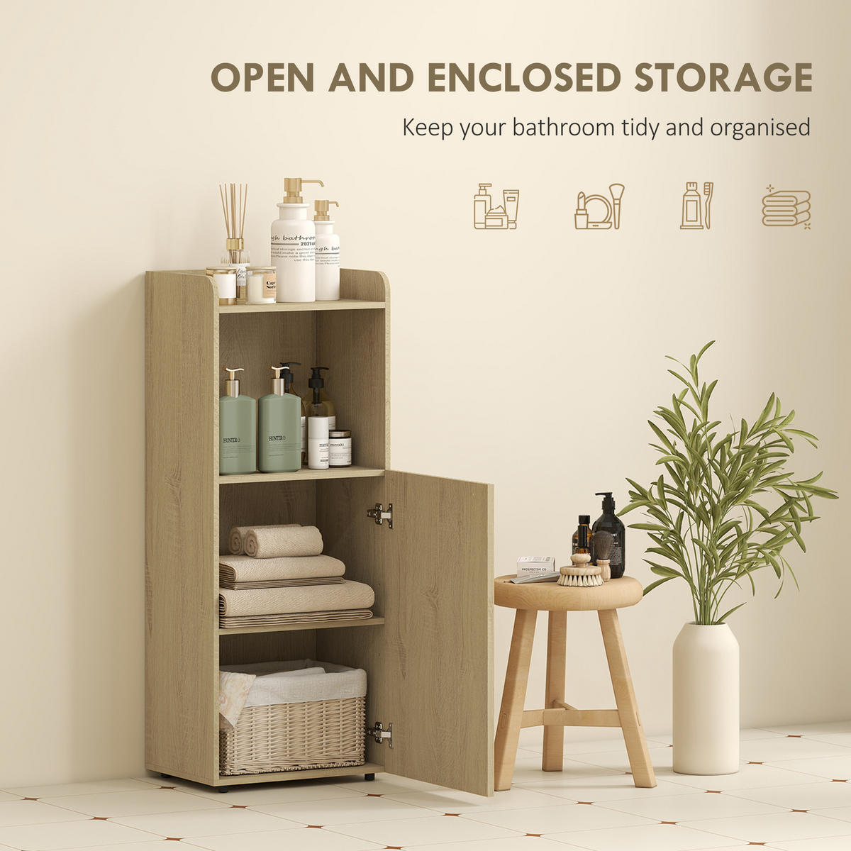 BADEZIMMERSCHRANK Nischenschrank mit Schrank, offen Regal, verstellbar Regal - Eichefarben/Schwarz, Holzwerkstoff/Metall (31/104/40cm) - HOMCOM